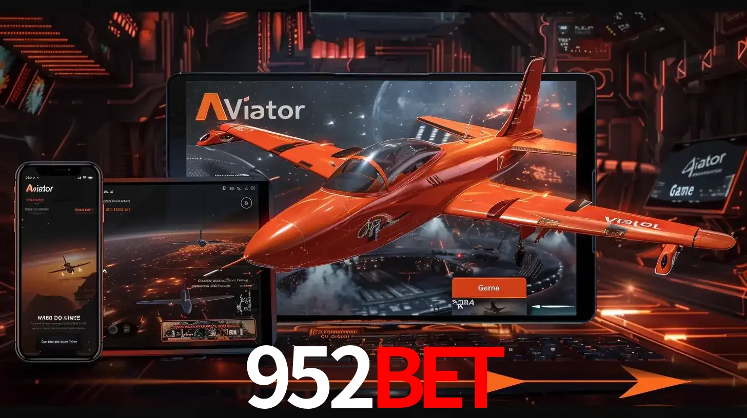 Apresentação tecnológica do jogo Aviator com um avião saindo da tela de um tablet, demonstrando a experiência imersiva em múltiplos dispositivos no 952BET.