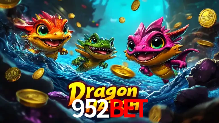 Arte promocional do jogo Dragon Hatch com três adoráveis dragões bebês nadando entre moedas de ouro, um dos slots mais divertidos para jogar no cassino 952BET.