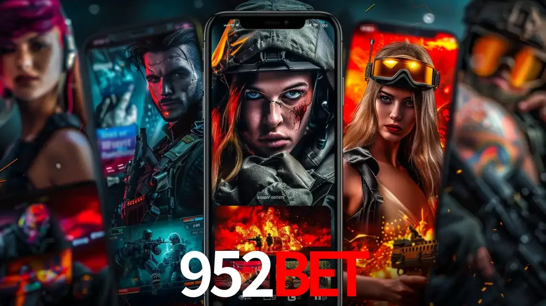 Montagem de telas de celular mostrando diversos personagens, masculinos e femininos, de um jogo de tiro, ilustrando a diversidade de equipes de e-sports para apostar no 952BET.