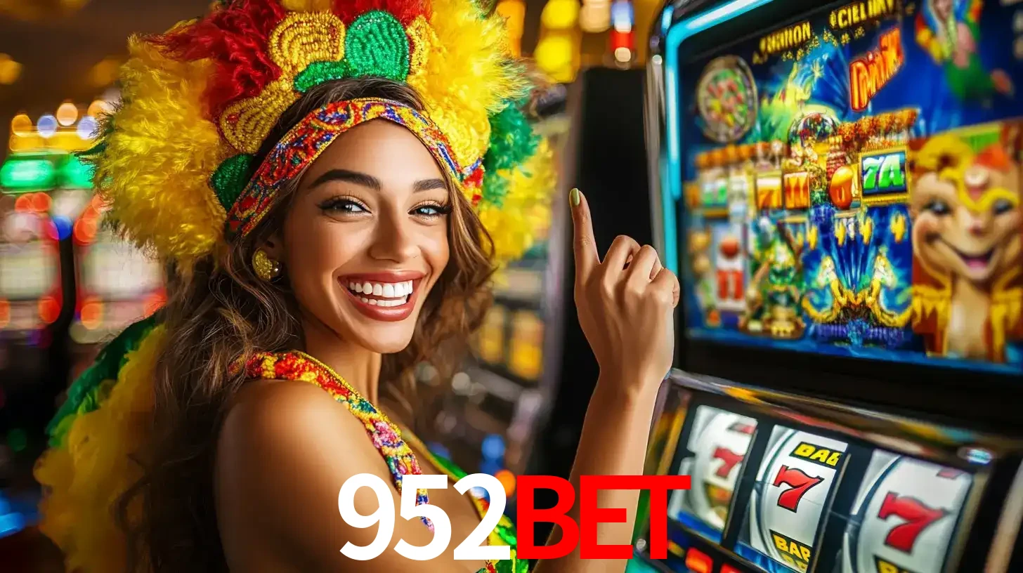 Mulher animada com um cocar de carnaval apontando para uma máquina de caça-níqueis, mostrando a emoção de ganhar um grande prêmio nos jogos do 952BET.