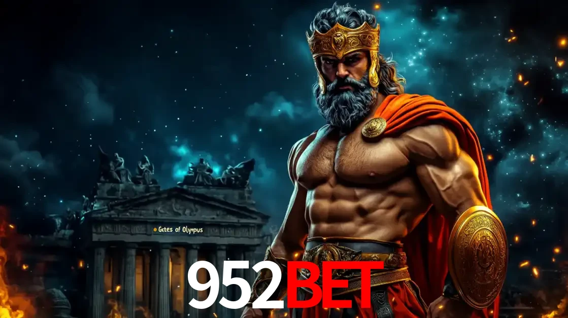 O poderoso Zeus do jogo de slot Gates of Olympus em frente ao seu templo, pronto para lançar multiplicadores divinos e prêmios épicos no cassino online 952BET.