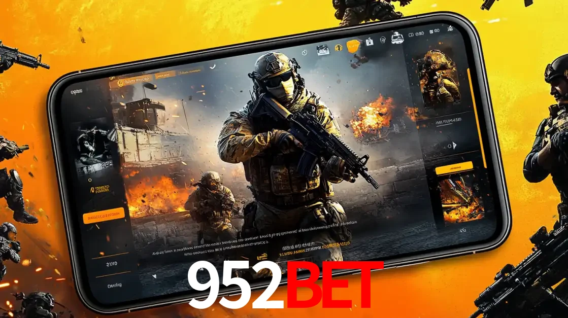 Um smartphone exibindo a interface de um jogo de tiro em primeira pessoa, com um soldado em um cenário de batalha, representando a ação dos e-sports para apostar no 952BET.