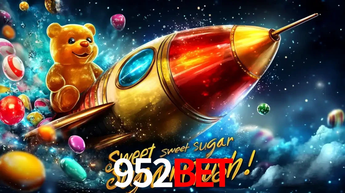 Arte promocional do jogo de slot Sugar Rush, com um urso de pelúcia em um foguete viajando pelo espaço de doces, um dos jogos divertidos disponíveis no cassino 952BET.