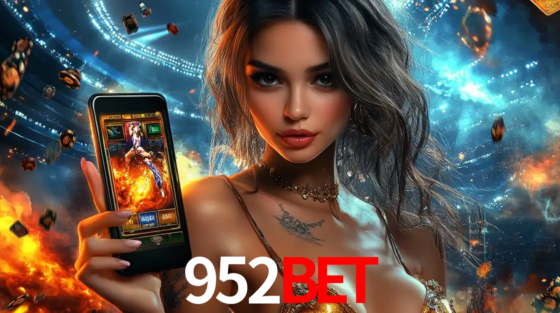 Mulher segurando um celular com um jogo de slot em destaque, tendo como fundo um estádio vibrante, simbolizando a emoção de jogar no cassino móvel 952BET.
