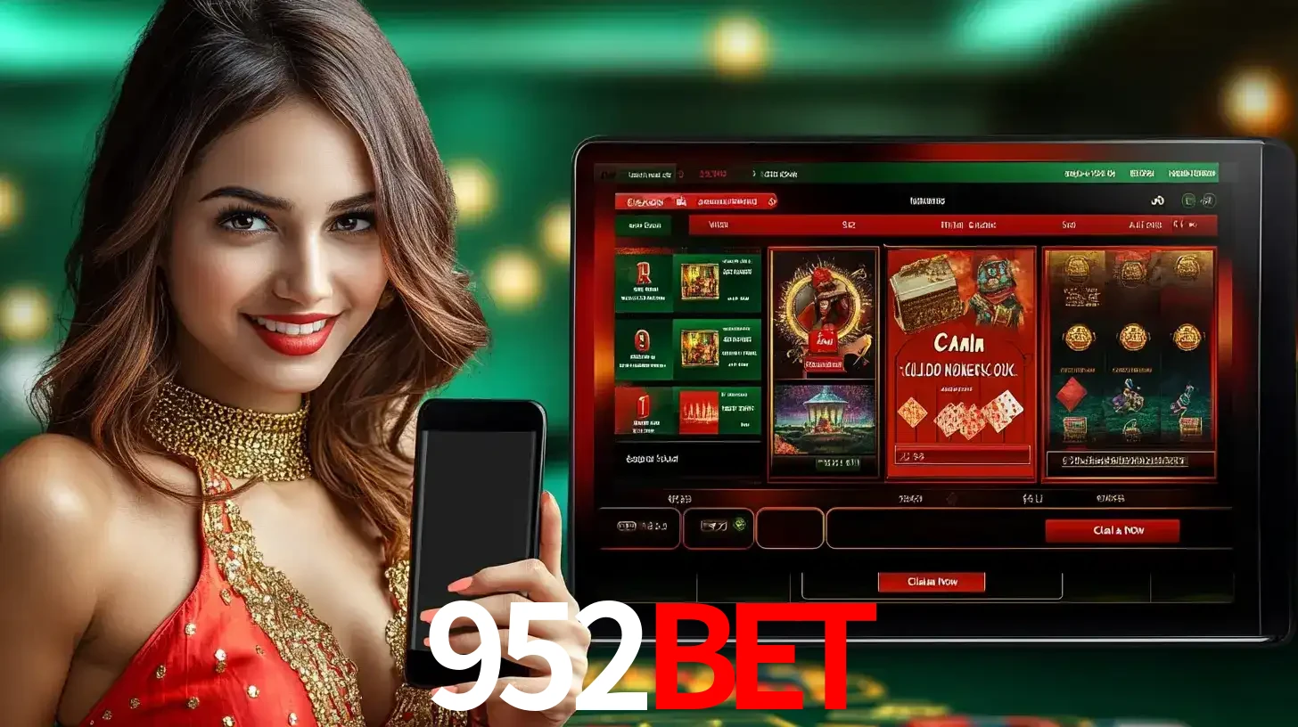 Mulher sorridente segurando um smartphone, ao lado de uma tela exibindo o lobby de jogos do cassino online 952BET, com várias opções de jogos de cartas e slots.